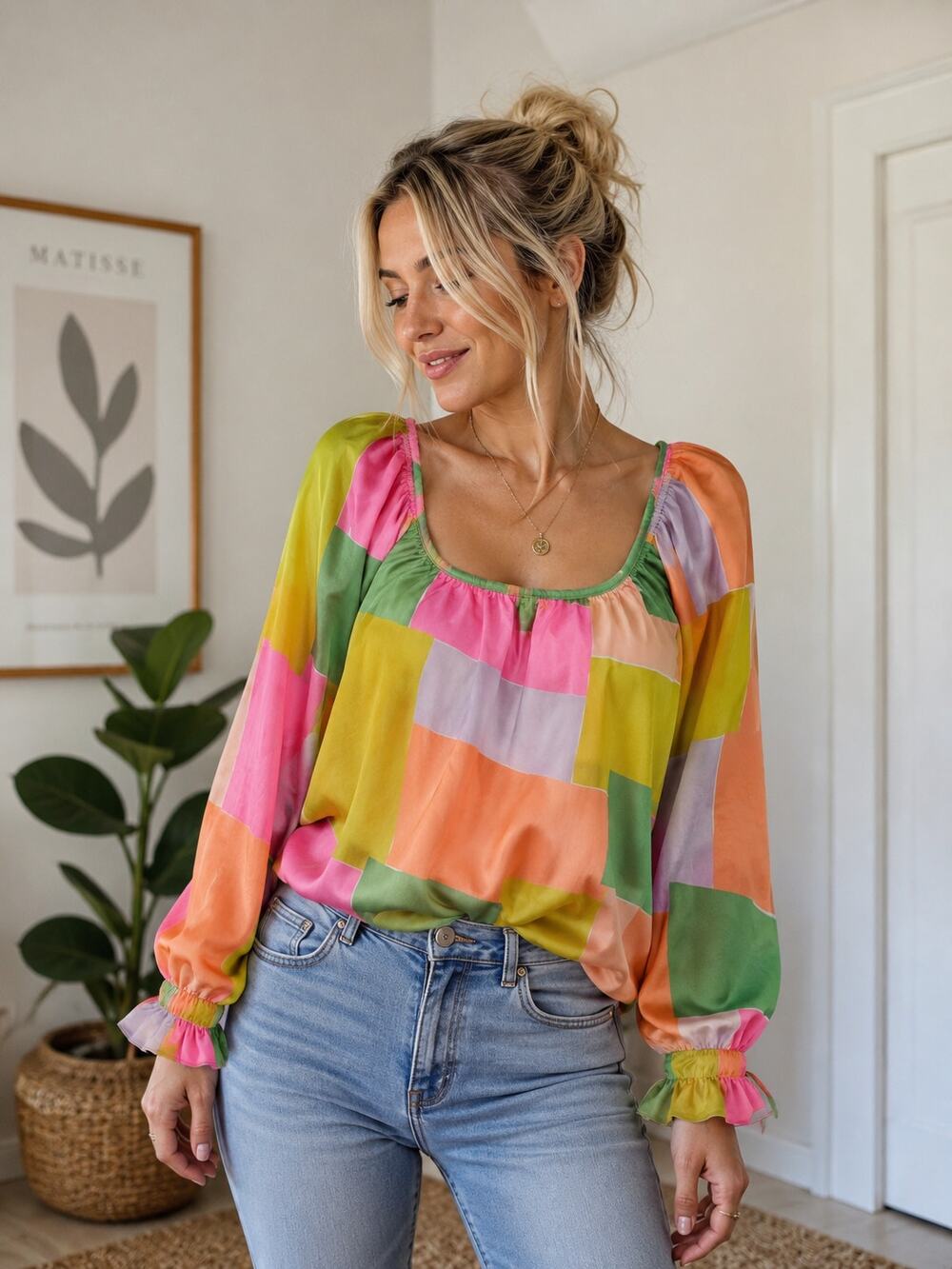 Easel Los Angeles Smocked Sleeve Geometric Print Top Size S